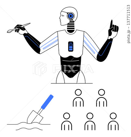 Artificial intelligence, workforce management, automation, robotics, technology, innovation. A robot holds a shovel and points onward alongside icons of people. AI and workforce management concept Artificial intelligence, workforce management, automation, robotics, technology, innovation. A robot holds a shovel and points onward alongside icons of people. AI and workforce management concept 137711513
