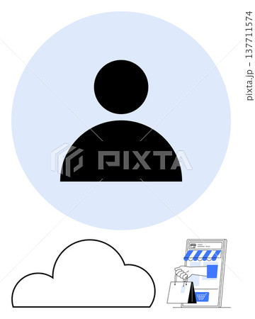 Digital identity, online transactions, cloud storage, e-commerce, user profiles, internet services. Black user icon, cloud and store graphic. Digital identity and online transactions concept Digital identity, online transactions, cloud storage, e-commerce, user profiles, internet services. Black user icon, cloud and store graphic. Digital identity and online transactions concept 137711574
