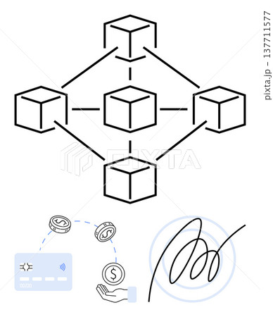 Blockchain, digital payments, smart contracts, financial security, authentication, decentralized systems. A blockchain network, digital payment flow and a signature symbol. Blockchain and digital 137711577