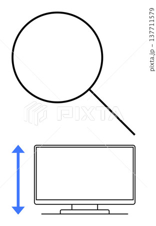 Research, precision, analysis, size comparison, data evaluation, technology. Magnifying glass focusing on a monitor with a vertical measurement arrow. Research and precision 137711579