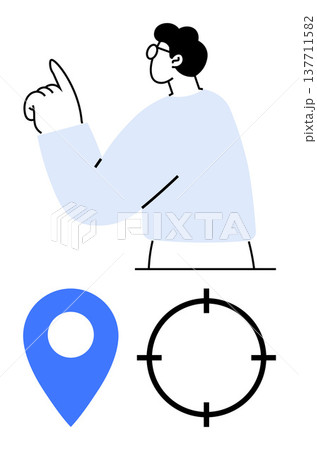 Navigation, targeting, GPS, location tracking, user interface, digital technology. Man pointing upward, blue map pin black crosshair. Navigation and targeting concepts in minimalist design Navigation, targeting, GPS, location tracking, user interface, digital technology. Man pointing upward, blue map pin black crosshair. Navigation and targeting concepts in minimalist design 137711582
