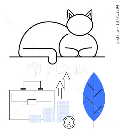 Business growth, sustainability, minimalism, nature, financial planning, and eco-consciousness. A cat outline, financial icons and a blue leaf. Business growth and sustainability concepts 137711594
