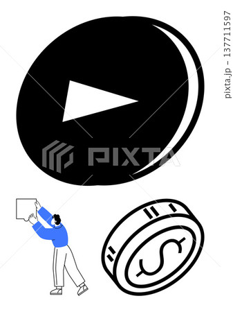 Media content, online business, financial growth, productivity, entertainment, workplace goals. Large play button, dollar coin person with a box. Media content and online business concepts 137711597
