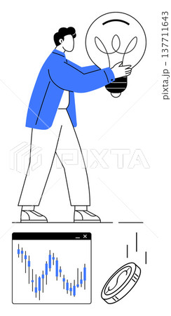 Innovation, finance, investment, business strategy, economic progress, sustainability. A man holds a lightbulb, a chart shows financial data and coin drops. Innovation and finance together 137711643