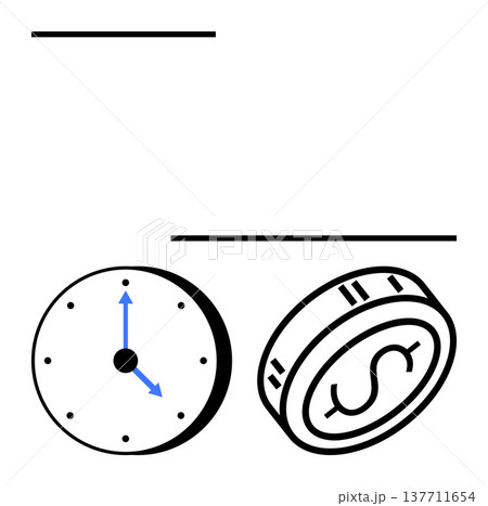 Time management, financial savings, budgeting, productivity, economic value, cost efficiency. Clock with arrows, coin with dollar symbol. Time management and financial savings ion Time management, financial savings, budgeting, productivity, economic value, cost efficiency. Clock with arrows, coin with dollar symbol. Time management and financial savings ion 137711654