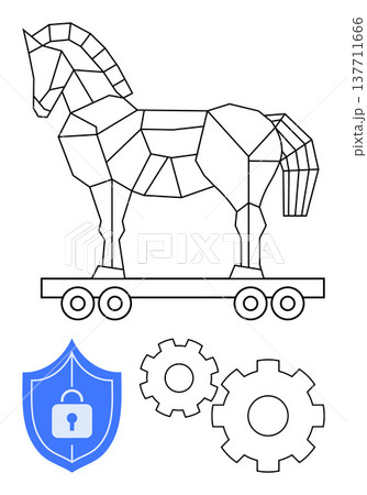 Cybersecurity, data protection, malware awareness, online threats, software security, digital systems. Geometric Trojan horse, shield with lock gears. Cybersecurity and data protection 137711666