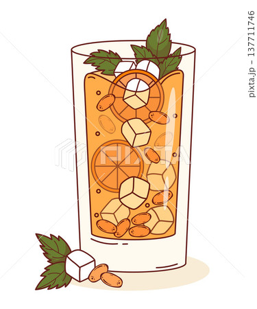 Iced Sea Buckthorn Cocktail with Orange Slices and Mint Leaves. Refreshing Summer Beverage in Highball Glass with Berries and Ice Cubes. Isolated Vector Illustration. Iced Sea Buckthorn Cocktail with Orange Slices and Mint Leaves. Refreshing Summer Beverage in Highball Glass with Berries and Ice Cubes. Isolated Vector Illustration. 137711746