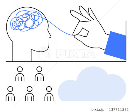Problem-solving, mental health, communication, teamwork, psychology, cloud computing. Hand untangling a brain with a thread, people icons and a cloud. Mental health and communication Problem-solving, mental health, communication, teamwork, psychology, cloud computing. Hand untangling a brain with a thread, people icons and a cloud. Mental health and communication 137711882