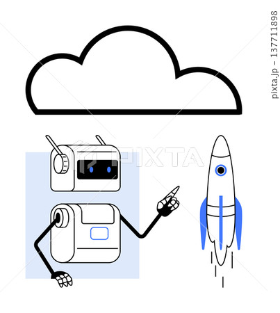 Technology, artificial intelligence, cloud computing, automation, innovation, startup concepts. Robot pointing at a rocket with a cloud icon. Cloud computing and AI innovation concepts Technology, artificial intelligence, cloud computing, automation, innovation, startup concepts. Robot pointing at a rocket with a cloud icon. Cloud computing and AI innovation concepts 137711898
