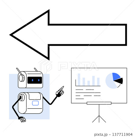 Technology, robotics, data analysis, educational tools, innovation, presentation. Robot pointing to a chart with graphs and pie chart, next to a large arrow. Technology and data analysis concept 137711904