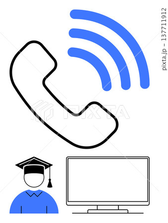 Distance learning, online education, communication tools, remote support, virtual classrooms, digital learning. Telephone with signal lines, graduate icon and monitor. Distance learning Distance learning, online education, communication tools, remote support, virtual classrooms, digital learning. Telephone with signal lines, graduate icon and monitor. Distance learning 137711912