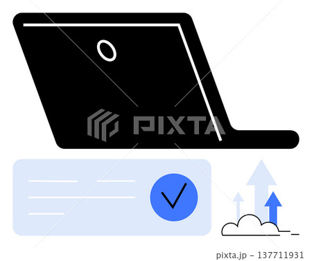 Data security, cloud computing, online verification, remote work, cybersecurity, digital workflow. A laptop with a checkmark and upward cloud arrows. Data security and cloud computing concept Data security, cloud computing, online verification, remote work, cybersecurity, digital workflow. A laptop with a checkmark and upward cloud arrows. Data security and cloud computing concept 137711931