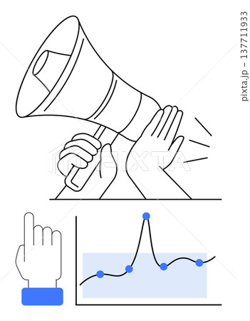 Marketing campaigns, public communication, data analytics, statistics, trends, decision-making. Megaphone and hand gesture communication. Marketing campaigns and public communication concept Marketing campaigns, public communication, data analytics, statistics, trends, decision-making. Megaphone and hand gesture communication. Marketing campaigns and public communication concept 137711933