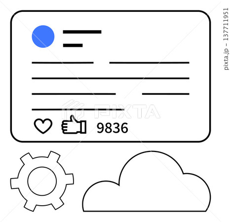 Social media, technology, communication, analytics, user engagement, cloud computing. A social media interface with thumbs up buttons, a cloud and a gear icon. Social media and technology concepts Social media, technology, communication, analytics, user engagement, cloud computing. A social media interface with thumbs up buttons, a cloud and a gear icon. Social media and technology concepts 137711951