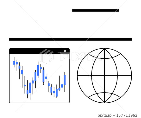 Financial analysis, global markets, data visualization, technical trading, stock investment, economic trends. Blue candlestick chart interface next to globe symbol. Financial analysis and global 137711962