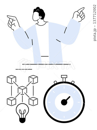 Business strategy, productivity tools, innovation, time management, blockchain technology, creative solutions. Person pointing upward with a timer, blockchain diagram and light bulb. Productivity 137712002