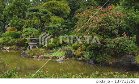 Osaka, Japan - Sep 22 2024, panoramic view of the duck and heron pond surrounded by trees in the park near by Osaka Castle, Osaka, Japan 137713259