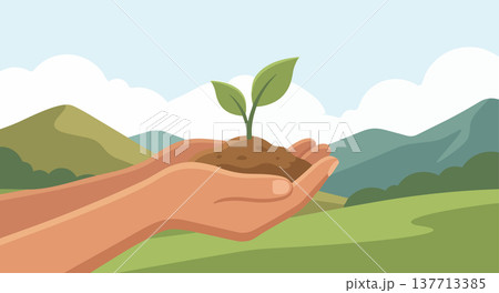 Human hands supporting a small plant growing from soil representing sustainability nature conservation Human hands supporting a small plant growing from soil representing sustainability nature conservation 137713385
