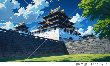 青空と日本城のアニメ風背景素材 Japanese Castle with Blue Sky Anim 137713723