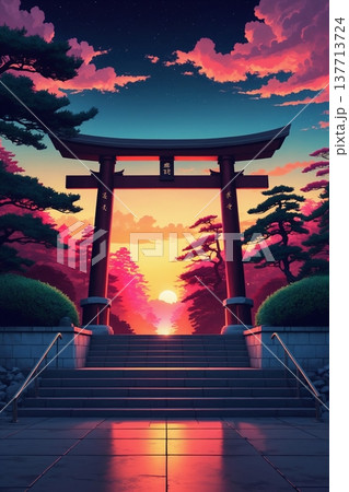 夕焼けと鳥居の幻想的なアニメ風背景 Torii Gate at Sunset Anime Backg 137713724