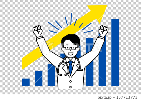 一位男醫生歡呼慶祝，並展示了一張向上傾斜的圖表。 137713773