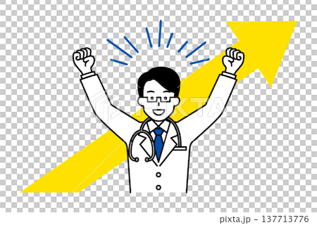 一名男醫生用向上指的箭頭表示歡呼。 137713776