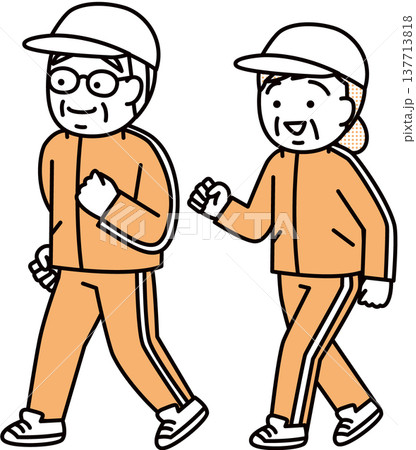 ウォーキングする老夫婦 137713818