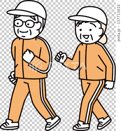 ウォーキングする老夫婦 137713818