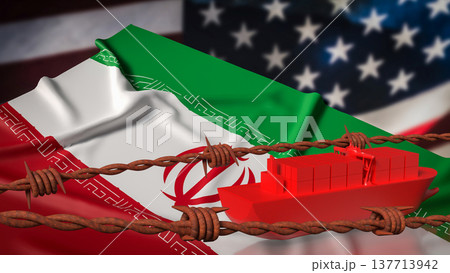 Global Trade Conflict Cargo Ship Behind Barbed Wire 3d render. 137713942