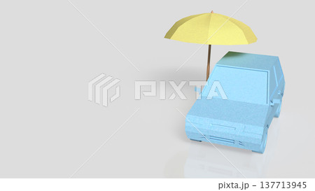 Bright Yellow Umbrella Protecting Blue Car Minimal Concept Scene 3d render. 137713945