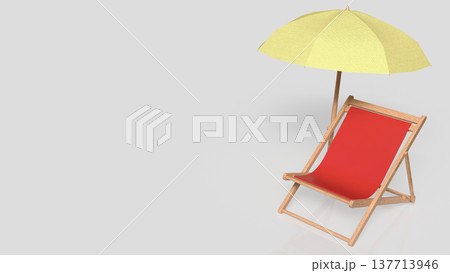 Relaxing Beach Chair Under Yellow Umbrella Minimal Summer Scene 3d render. Relaxing Beach Chair Under Yellow Umbrella Minimal Summer Scene 3d render. 137713946