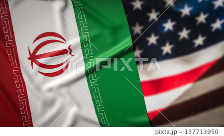 Iran National Flag With Blurred United States Flag Background Geopolitical Tension Concept 3d render. 137713950