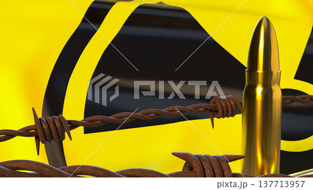 Nuclear Threat Concept With Bullets And Radioactive Warning Sign 3d render. Nuclear Threat Concept With Bullets And Radioactive Warning Sign 3d render. 137713957