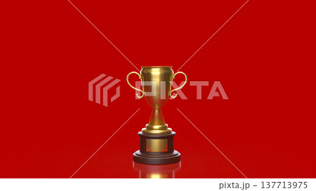 Golden Trophy Award On Red Background Symbol Of Victory And Success 3d render. 137713975
