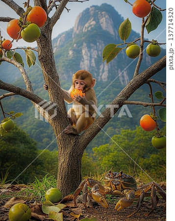日本昔話さるかに合戦風 柿の木の猿と蟹の物語シーン 日本昔話さるかに合戦風 柿の木の猿と蟹の物語シーン 137714320