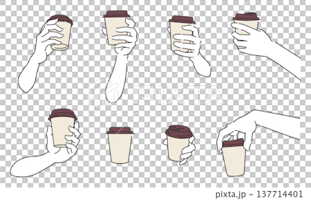 テイクアウトのコーヒーカップを持つ手のセット 137714401