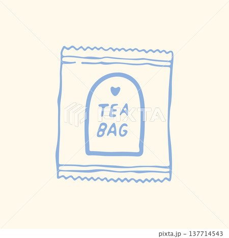 Minimalist hand drawn tea bag sachet or envelope packaging with a heart detail. Professional blue vector line art for branding, product mockups, tea shop logos, and menu icons 137714543