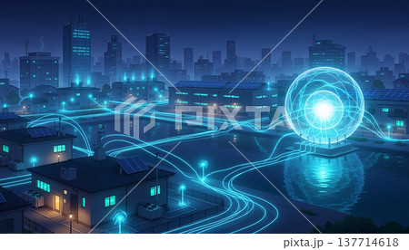 夜の街に輝くエネルギー球体と未来的なスマートシティの風景 生成AI 夜の街に輝くエネルギー球体と未来的なスマートシティの風景 生成AI 137714618