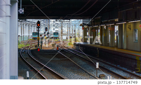 Osaka, Japan - Sep 23 2024, panoramic view of the railway tracks passing under the bridge with train station, with an electric trains on the background, without people, at daytime, Osaka, Japan 137714749