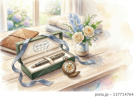 父の日の贈り物 万年筆と懐中時計と花束の水彩画風イラスト 137714764