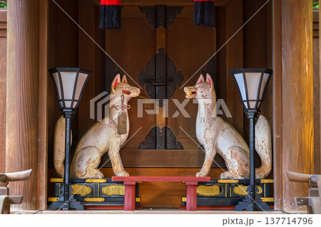 Kyoto, Japan - Sep 23 2024, A close-up view of the Shinto wooden shrine decorated with two statues of white kitsune foxes, servants of God Inari and two lanterns, Fushimi Inari Temple, Kyoto, Japan Kyoto, Japan - Sep 23 2024, A close-up view of the Shinto wooden shrine decorated with two statues of white kitsune foxes, servants of God Inari and two lanterns, Fushimi Inari Temple, Kyoto, Japan 137714796