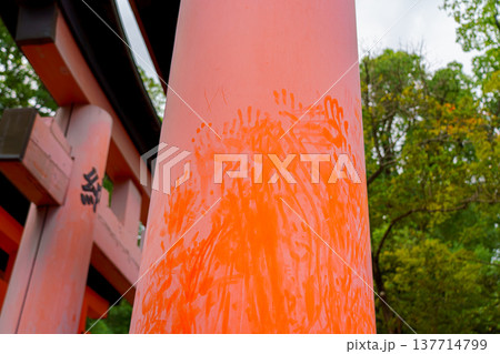 Kyoto, Japan - Sep 23 2024, Close-up view of the dusty column of the giant Torii gate with a lot of handprints, with a park in the background, at daytime, Kyoto, Japan 137714799