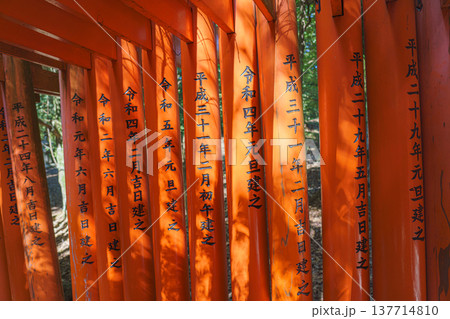Kyoto, Japan - Sep 23 2024, panoramic view of the corridor of the red gate of Torii with Japanese inscriptions on the columns, without people, at daytime, Kyoto, Japan 137714810