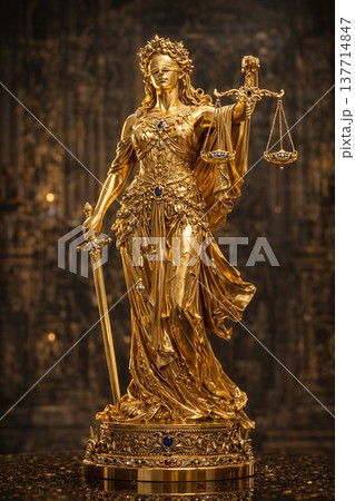 黄金の正義の女神像｜剣と天秤を持つ司法と公平の象徴 137714847