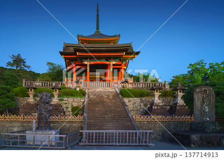 Kyoto, Japan - Sep 23 2024, panoramic view from below of stairs leading to entrance to Pure Water temple, Kiyomizu-dera Temple, with shrine and a pagoda on background, without people, Kyoto, Japan 137714913