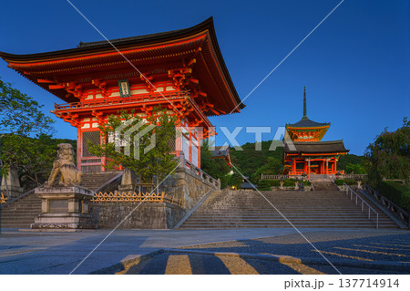 Kyoto, Japan - Sep 23 2024, panoramic view from below of stairs leading to entrance to Pure Water temple, Kiyomizu-dera Temple, with shrine and a pagoda on background, without people, Kyoto, Japan Kyoto, Japan - Sep 23 2024, panoramic view from below of stairs leading to entrance to Pure Water temple, Kiyomizu-dera Temple, with shrine and a pagoda on background, without people, Kyoto, Japan 137714914
