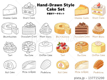 かわいいケーキの手描きイラスト／モノクロ&カラー 137715200