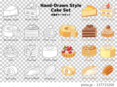 かわいいケーキの手描きイラスト／モノクロ&カラー 137715200