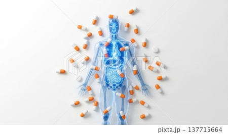 薬のカプセルと錠剤が散らばる白背景イメージ、医療・ヘルスケア・医薬品広告用素材 137715664