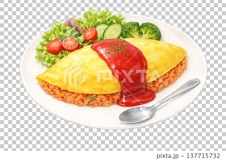 蛋包飯、西式午餐、番茄醬飯、水彩插圖 137715732